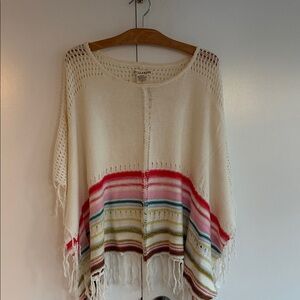 Billabong Cream Knit Poncho with Multicolor Stripe Fringe